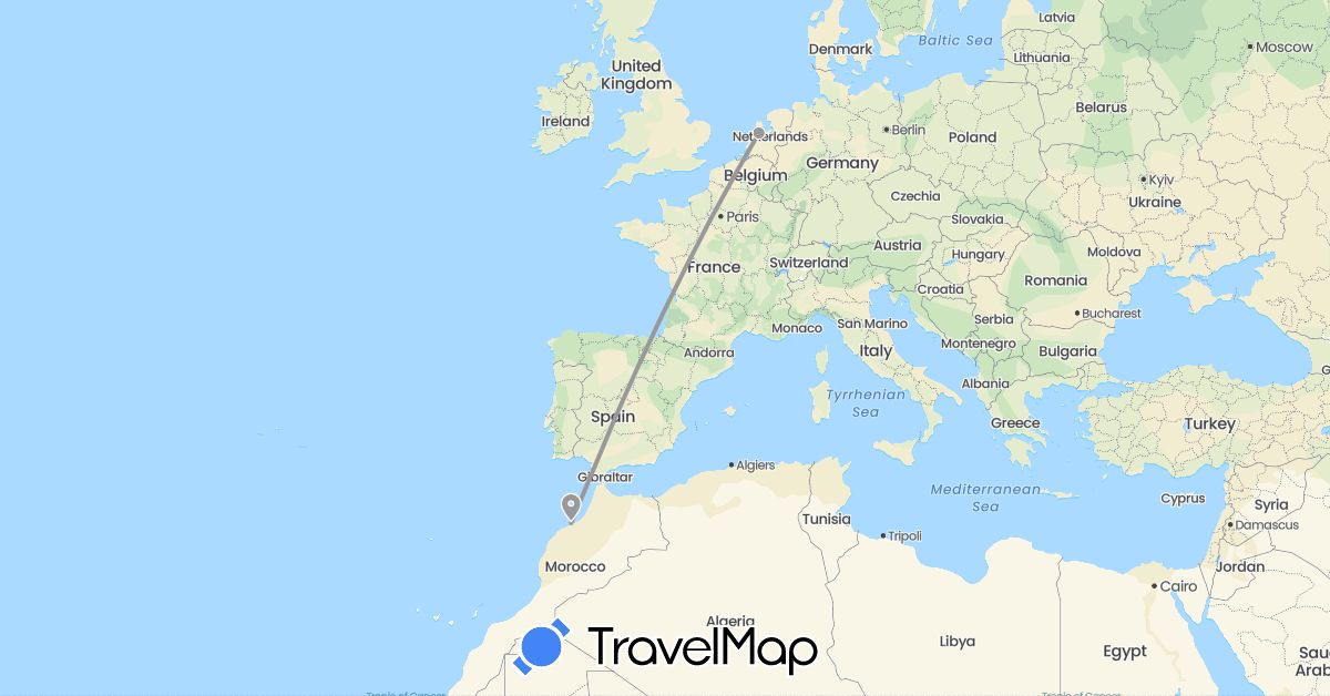 TravelMap itinerary: driving, plane in Morocco, Netherlands (Africa, Europe)